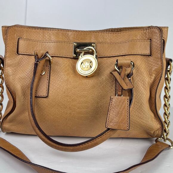 Michael Kors Hamilton Acorn Brown Saffiano Leather Shoulder Handbag Lock & Key - Picture 1 of 16